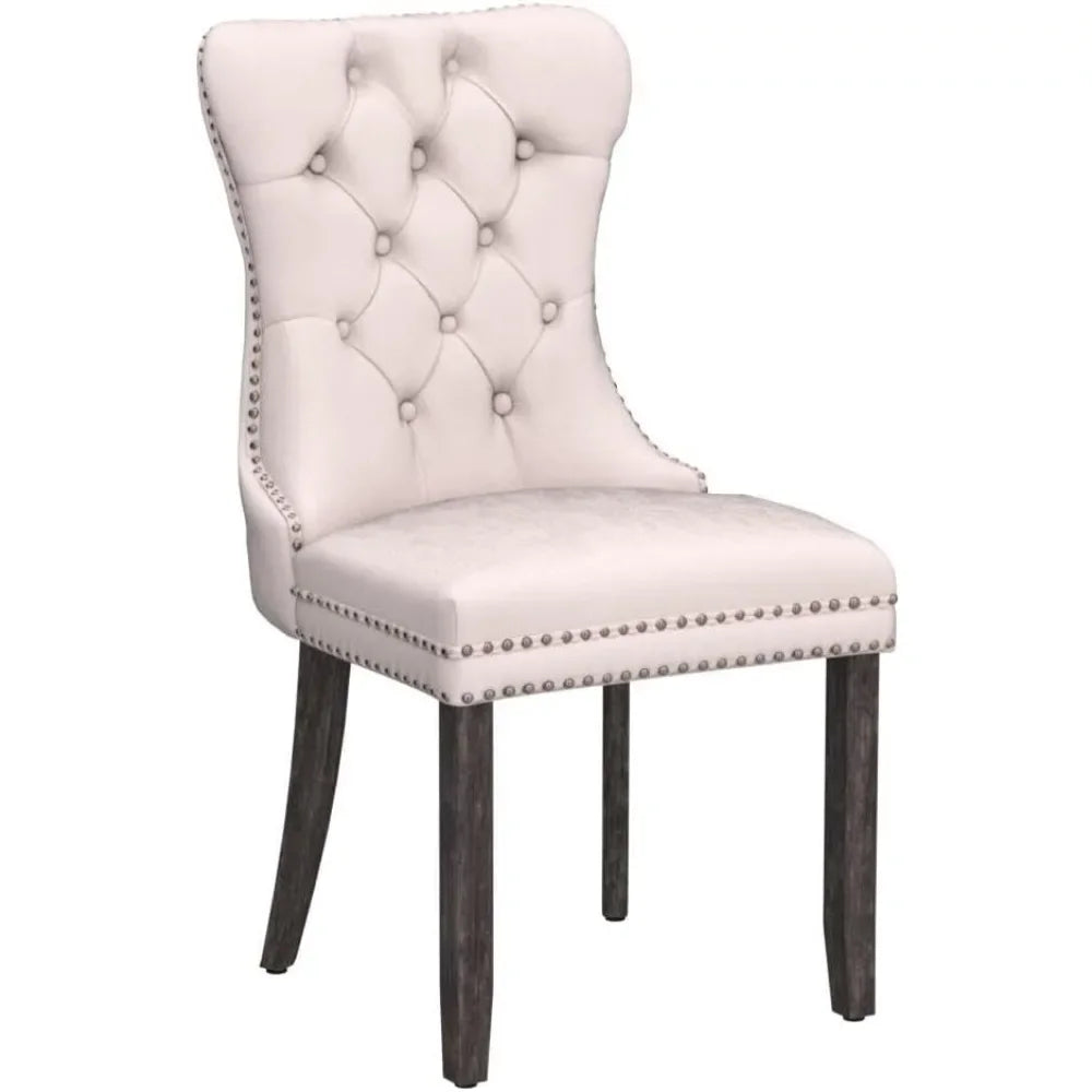 A set of 6 beige velvet dining chairs, soft cushioned plush chairs with nail heads and solid wood legs with loop edges