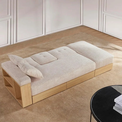 Canapé-lit ottoman multifonctionnel avec tiroir coulissant, canapé-lit pliable avec support de rangement latéral à deux niveaux