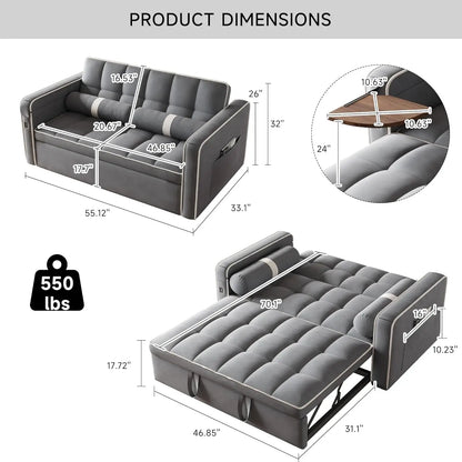 Canapé-lit 3 en 1 - Canapé convertible avec table d'appoint, canapé futon capitonné avec lit gigogne, dossier réglable