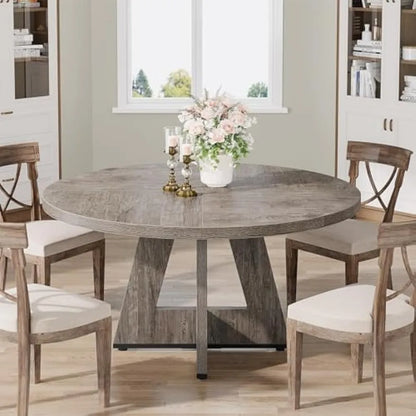 Kitchen dining table, circular 47 inch gray farmhouse wooden dining table, living room (excluding chairs) dining room table