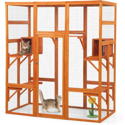 Casa grande para gatos para exteriores Catio - Recintos para juegos y carreras para gatos Jaula para gatos para interiores con ventana con techo impermeable, 7 plataformas y 2 áreas de descanso