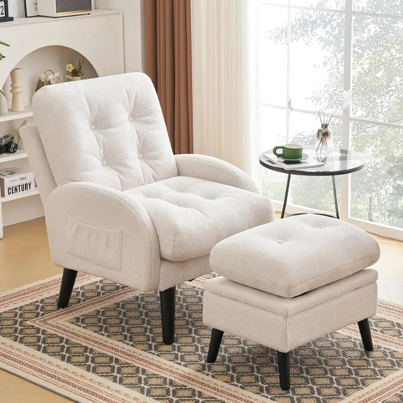 Chaise d'appoint avec pouf, ensemble de chaise confortable en tissu Teddy et pouf de rangement, chaise de lecture avec dossier réglable et poche latérale