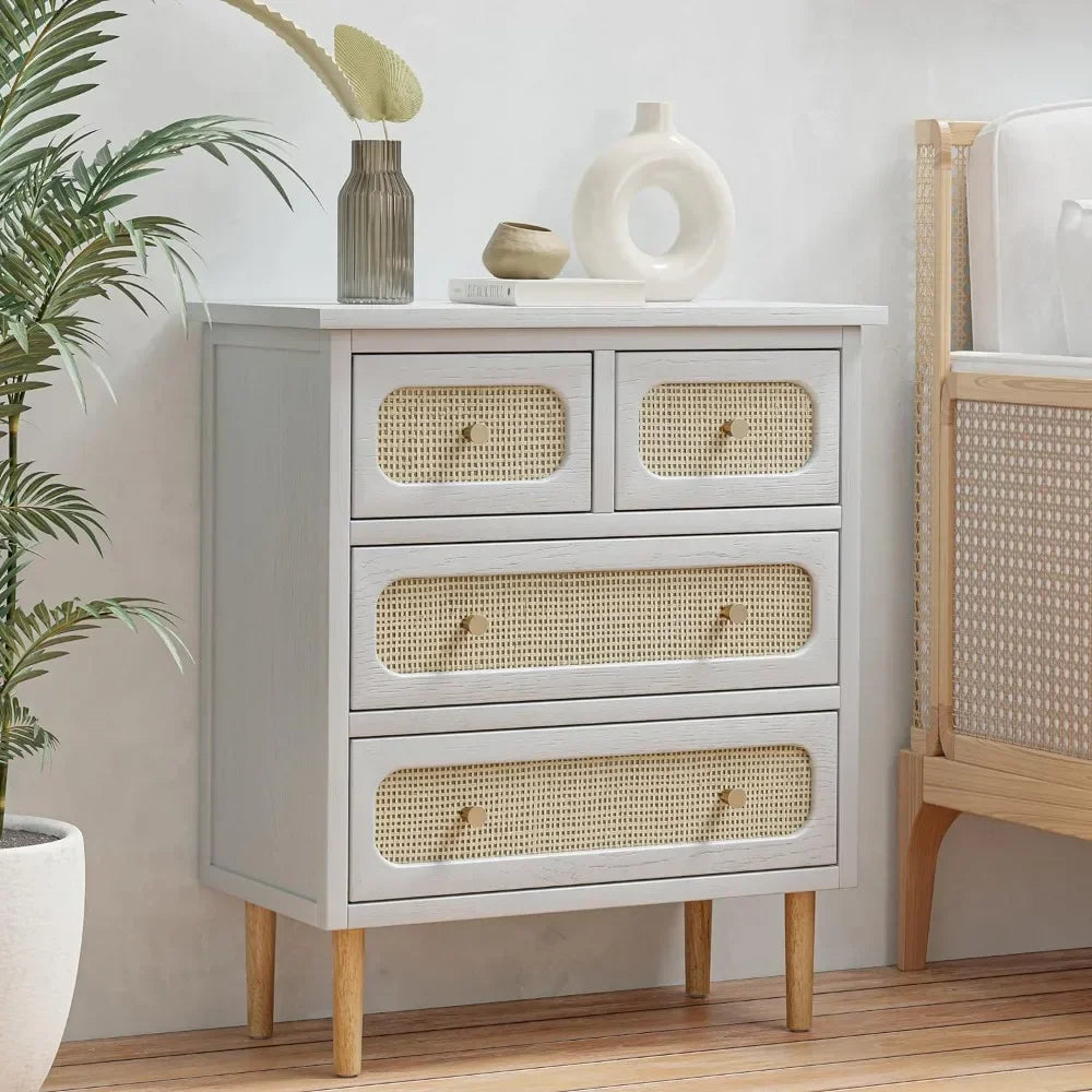 Wicker Rattan 4-Drawer Nightstands, White Finish Wooden Storage Chest of Drawers, Modern Farmhouse Accent Table