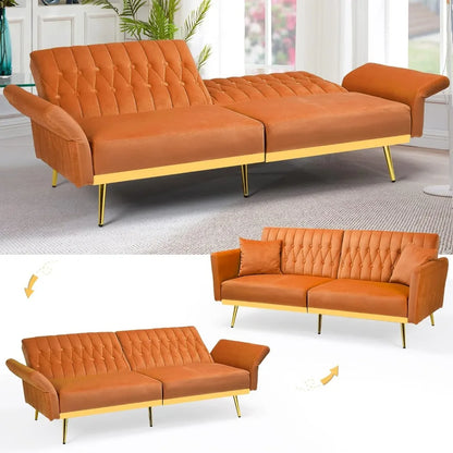 Canapé-lit futon en velours de 70 po avec dossiers et accoudoirs réglables, canapé-lit futon convertible avec deux oreillers, lit-lit capitonné