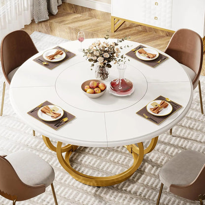 Table à manger ronde moderne pour 4 personnes, table de cuisine blanche de 47 pouces avec base en métal doré, table à manger en bois pour la cuisine