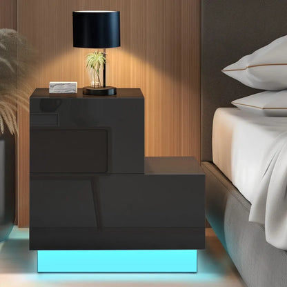 Mesita de noche para sala de estar, muebles para dormitorio, mesita de noche en forma de L con cajones, mesitas de noche, mesitas de noche con LED blancas, mesas de noche para el hogar