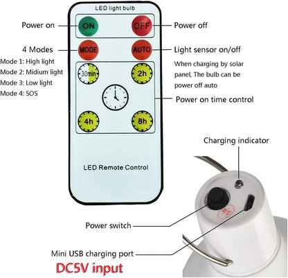 Ampoule solaire LED étanche pour extérieur 5 V, charge USB, lampe suspendue d'urgence alimentée par la lumière du soleil, lampe portable puissante pour l'intérieur de la maison