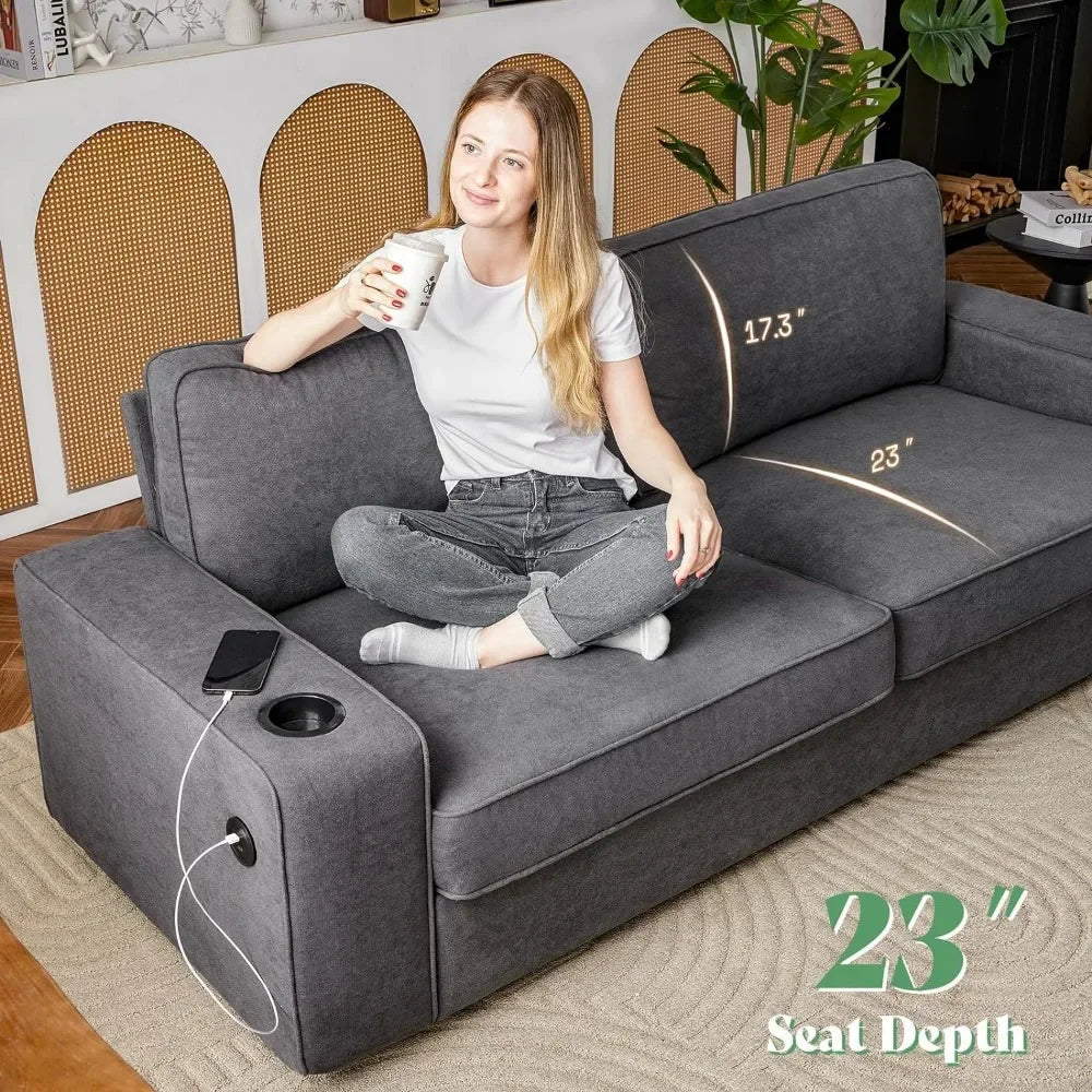 89 inch Couch, 3-Seater Sofa Couch- Deep Seat Sofa with 2 USB Charging Ports & 2 Cup Holders, Modern Sofas for Living Room