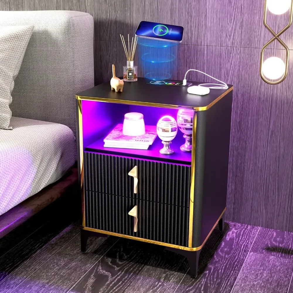 RGB Bedside Table With Wireless Charging Station With USB and Type-C Ports Nightstands Bedside Tables for the Bedroom Black Gold