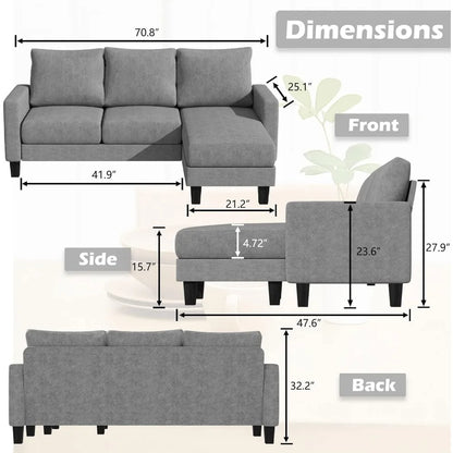 Sofá convertible en forma de L de 3 plazas con asiento suave y tela de lino moderna para espacios pequeños, para sala de estar y exterior