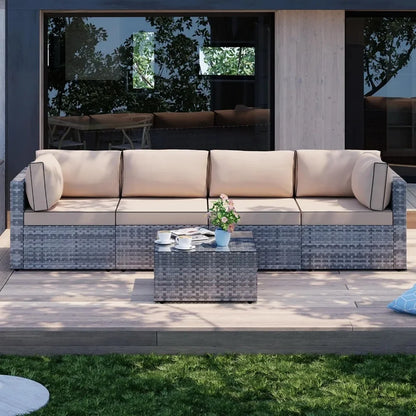 Shintenchi 5 Pieces Outdoor Patio Sectional Sofa Couch, Silver Gray PE Wicker Furniture Conversation Sets with Washable Cushions