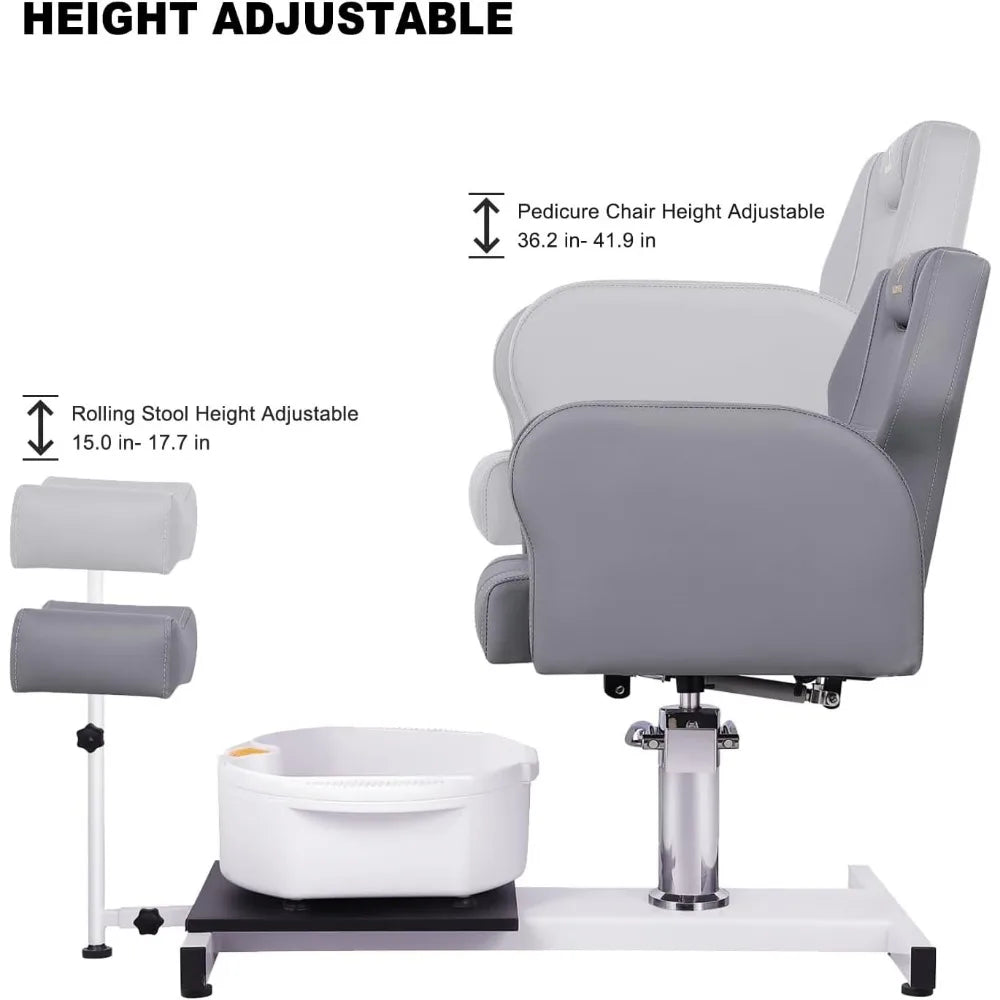 Reclining Pedicure Chair No Plumbing with Foot Massage Basin, Hydraulic Adjustable Pedicure Chair, 360° Rotation Beauty Spa Unit