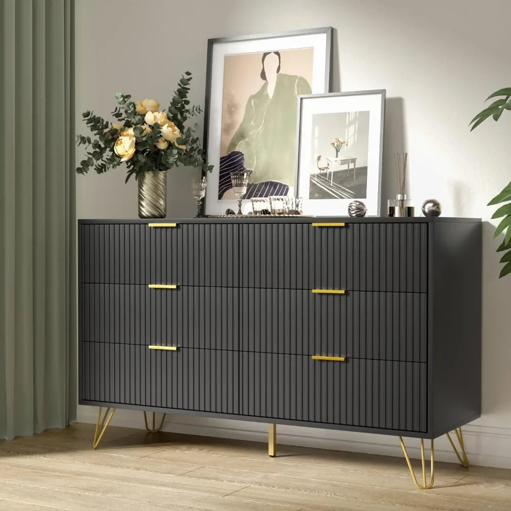 Commode noire, commode moderne à 6 tiroirs pour chambre à coucher avec poignées dorées, commode large pour salon