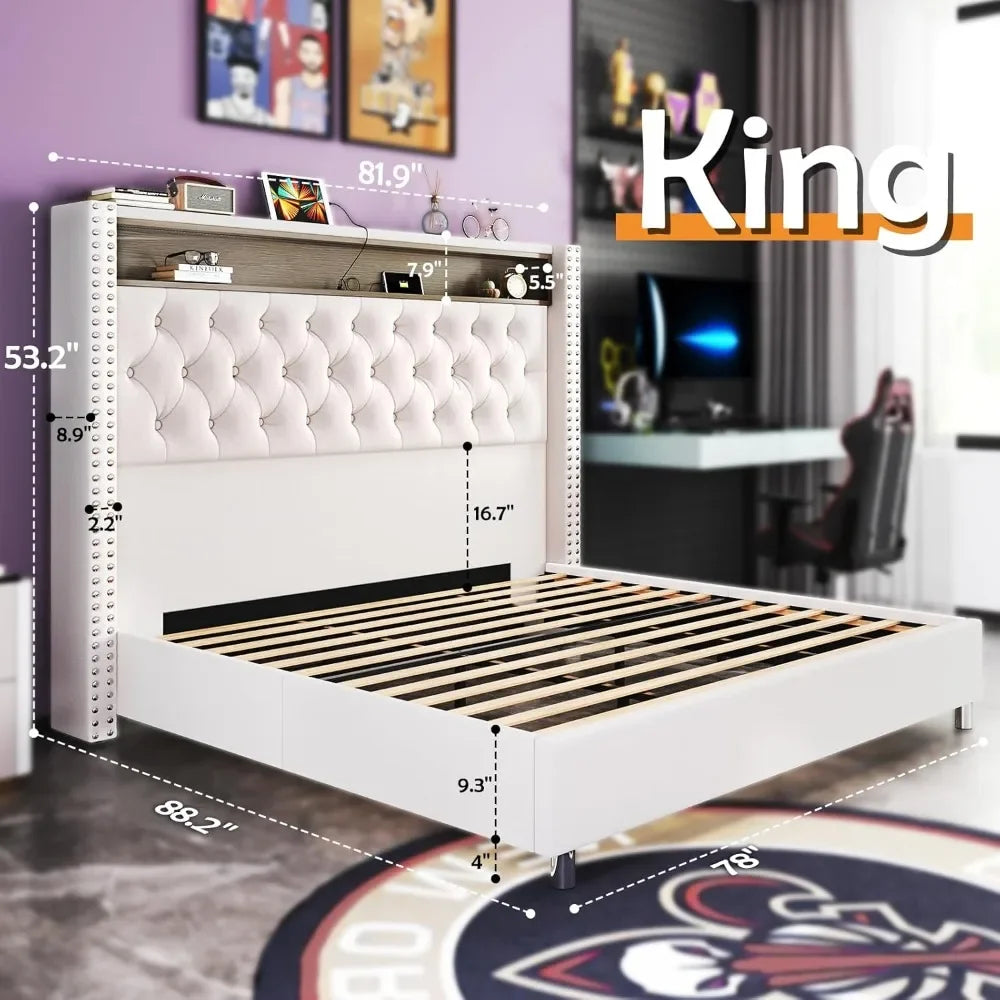 Cadre de lit king size à LED et tête de lit avec station de charge Lits rembourrés en velours, pas besoin de sommier, cadre de lit king size