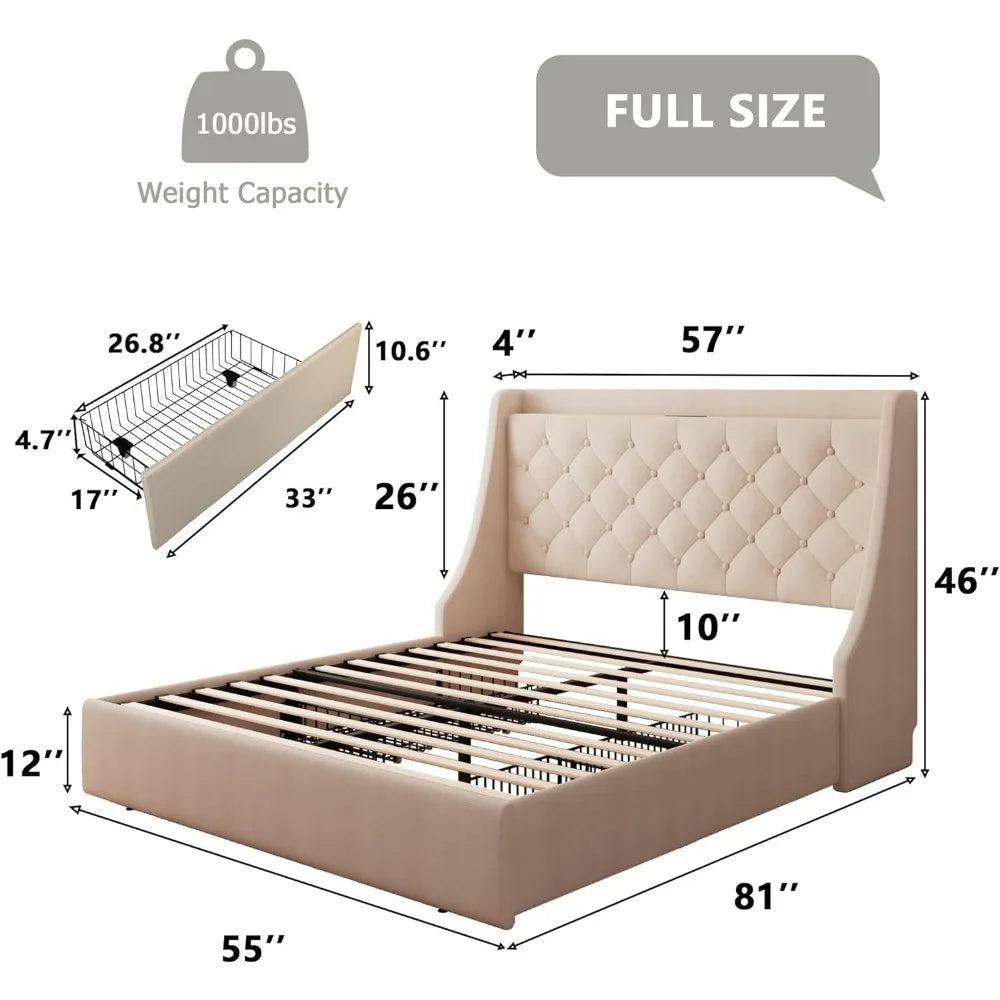 Upholstered Full Size Bed Frame with 4 Storage Drawers, Charging Station and Tufted Wingback Storage Headboard