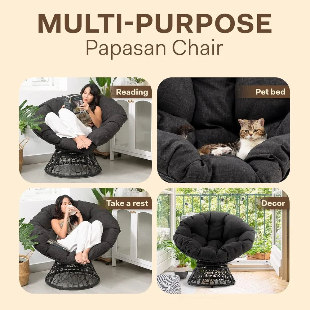 Ergonomic Wicker Papasan Chair with Soft Thick Density Fabric Cushion, High Capacity Steel Frame, 360 Degree Swivel for Living