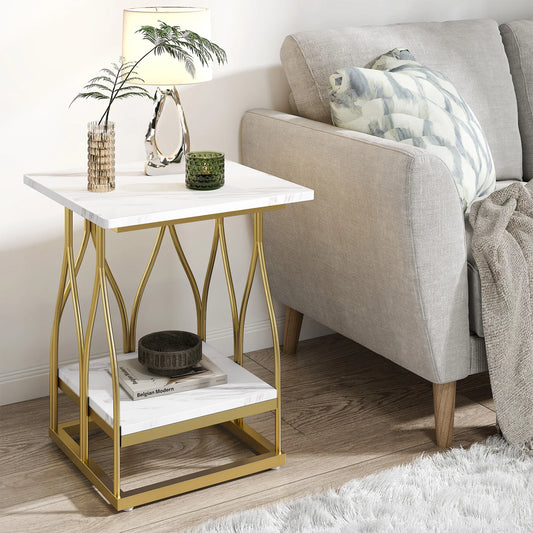 Tribesigns Faux Marble Side Table for Living Room, Square End Table with 2 Tier Storage Shelf, Sofa Side Table Nightstand