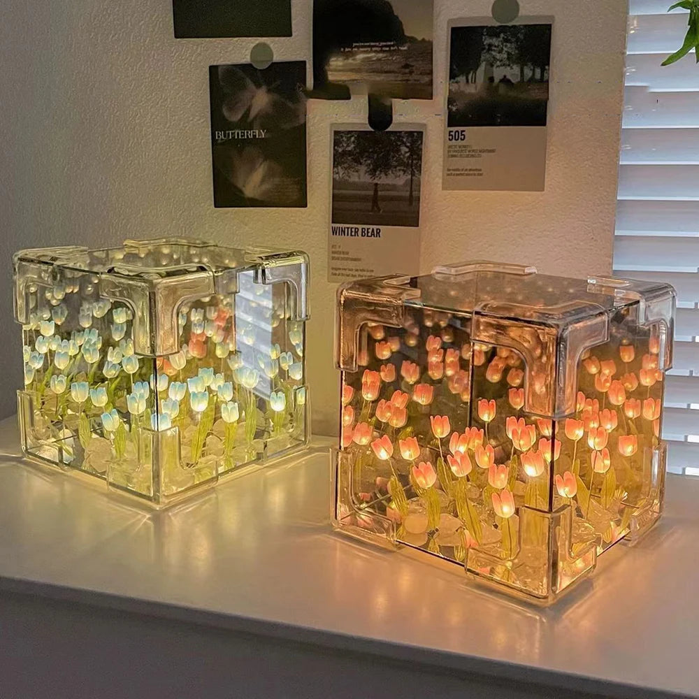 DIY Tulip Mirror Cube Lamp Simulation Flower Bedroom Sleeping Table Lamps Handmade Tulip Small Night Light Material Package Gift