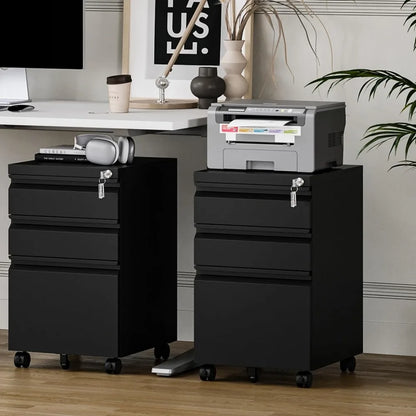 File Cabinet 3 Drawers on Wheels Under Desk, Black Metal Rolling File Cabinets with Lock for Home Office