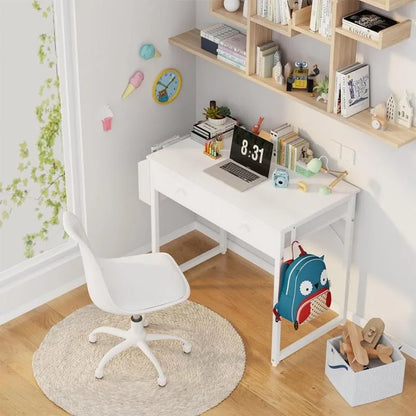 Petit bureau blanc avec tiroirs - pour chambre à coucher, bureau d'ordinateur de bureau à domicile de 32 pouces avec tiroir de rangement en tissu et sac, étude et écriture