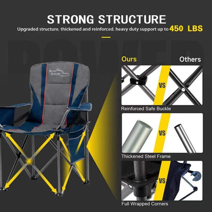 Chaise de camping rembourrée avec support lombaire, chaise à accoudoirs pliable en quatre parties robuste avec sac isotherme, chaise pliante