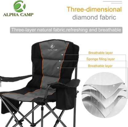 ALPHA CAMP Oversized Camping Folding Chair, Heavy Duty Support 450 LBS Steel Frame Collapsible Padded Arm Chair with Cup Holder