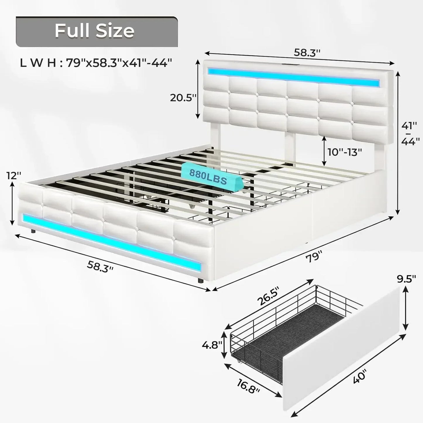 Leather Upholstered Platform Bed Full with Charging Station & LED Lights, Square Stitched Button Tufted Design