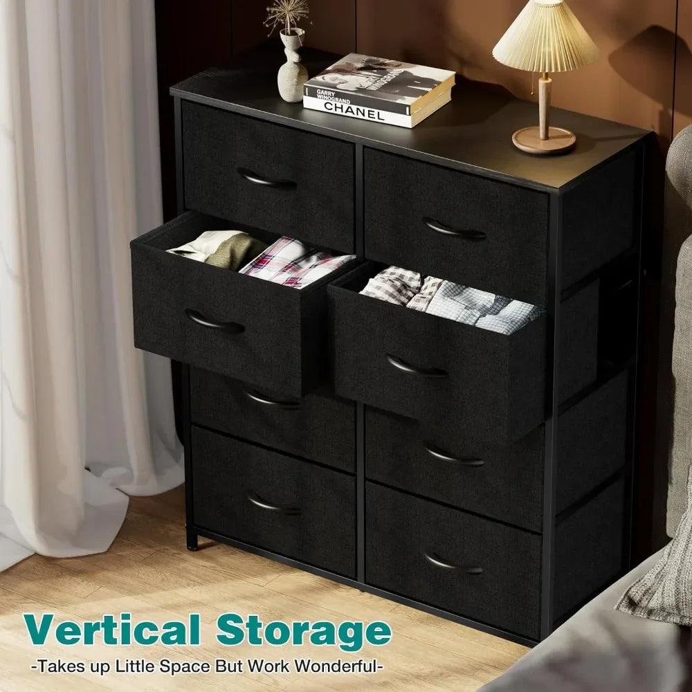 Dressing Cabinet, 9-drawer Dresser, Chest of Drawers with Fabric Storage Bins, Tall Dresser with Wooden Tops