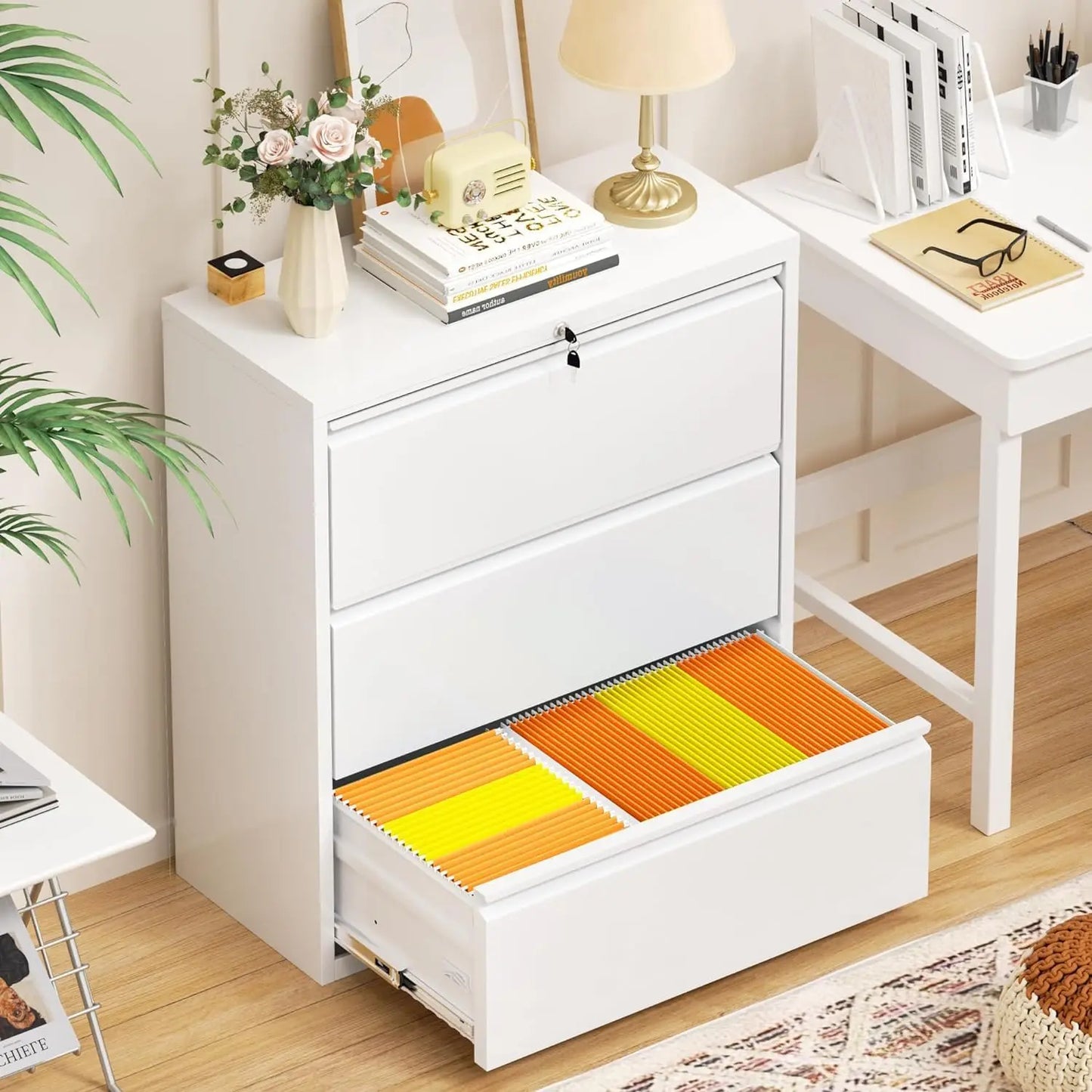 White File Cabinet 3 Drawer, Metal Lateral Filing Cabinet with Lock, Locking White Horizontal Cabinet with Adjustable Frame