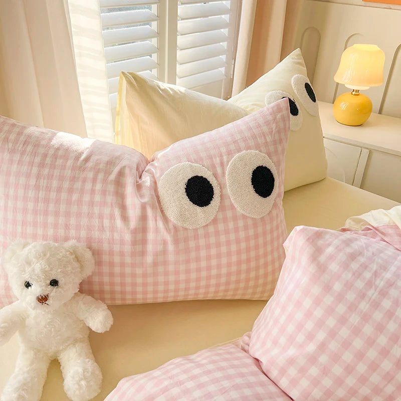 Cute Korean Big Eyes Duvet Cover Set with Sheet Pillowcase No Filler Kids Girls Pink Plaid Home Bedding Washed Cotton Bed Linen