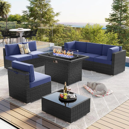 8 Piece Patio Furniture Set with 44" Propane Gas Fire Pit Table, Set Wicker Rattan Sofa Set and Coffee Table Rattan Möbel