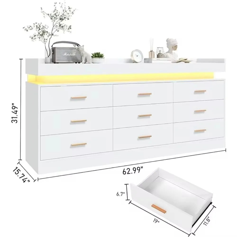 Bedroom Dresser, Drawer Dresser with LED Lights, Modern Chest of Drawers with Power Outlet, Organizer Cabinet for Bedroom, White