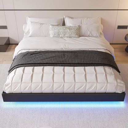 Floating Bed Frame Queen Size Floating Queen Bed Frame with LED Lights Modern LED Queen Platform Bed Frame with Solid Wood Slats