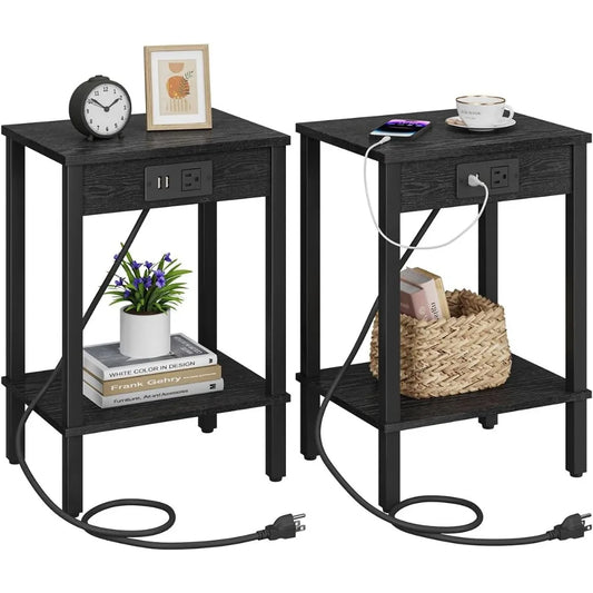 2 Piece Side Table Set with Charging Station, with USB Port, 2 Tier Storage Shelf Nightstand, Living Room Side Tables Set of 2