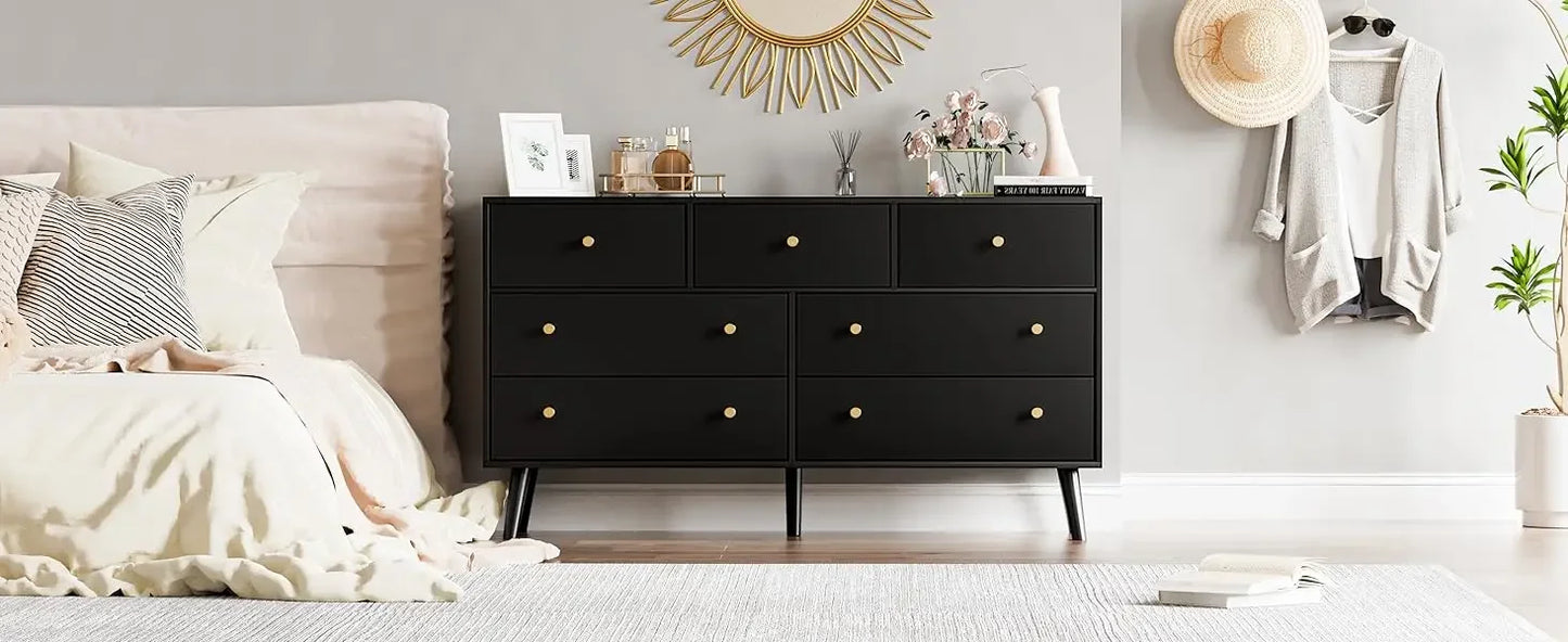 55” Black Dresser, 7 Drawer Dresser for Bedroom with Wide Drawers and Gold Knobs, Wood Dressers & Chests of Drawers Dressers