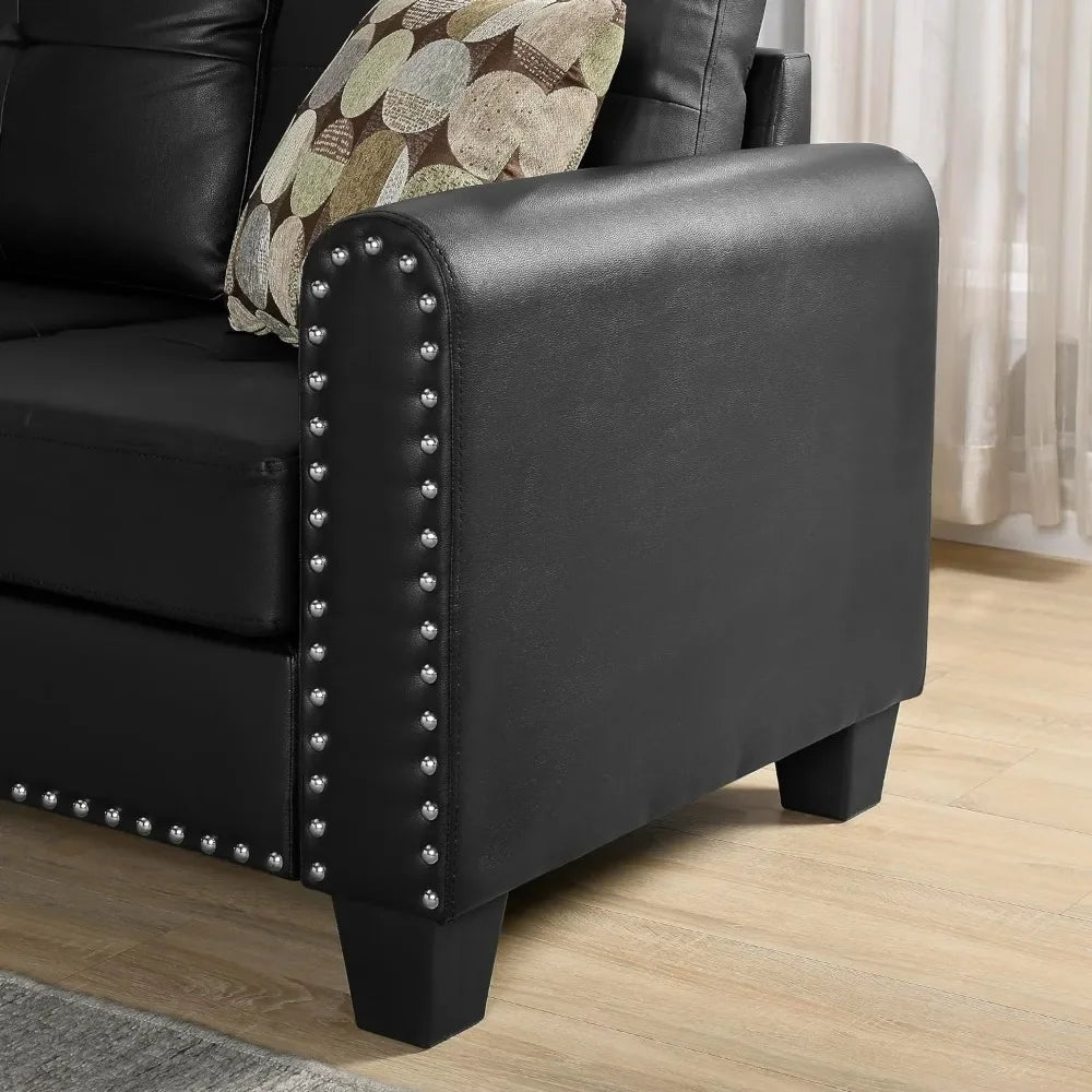 Canapé de salon, ensemble de canapé sectionnel en cuir PU en forme de L avec rangement, chaise longue, pouf, 2 porte-gobelets et 2 coussins décoratifs, noir