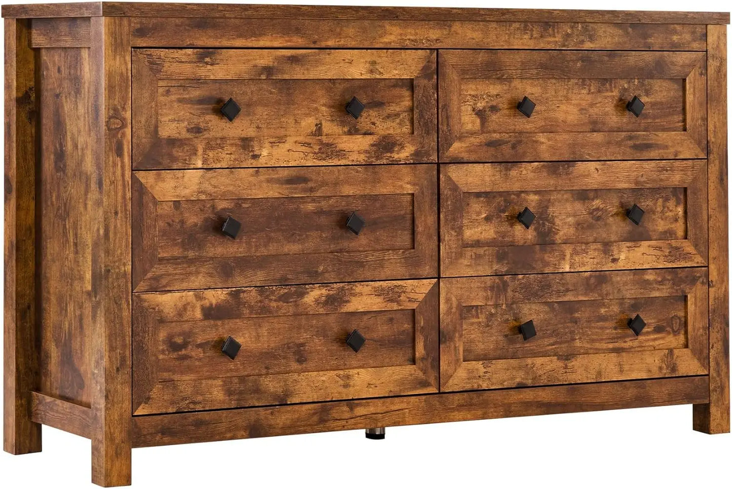 Farmhouse Wood Chest of 6 Drawers with Vintage Grain Texture, Double Dresser for Bedroom, Living Room, Hallway, Rustic Brown