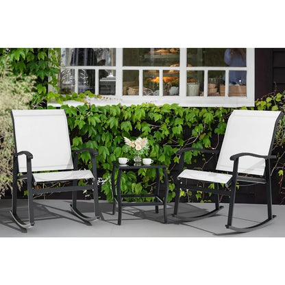 3 Piece Outdoor Rocking Bistro Set, Textilene Fabric Small Patio Furniture Set, Front Porch Rocker Chairs Conversation Set with