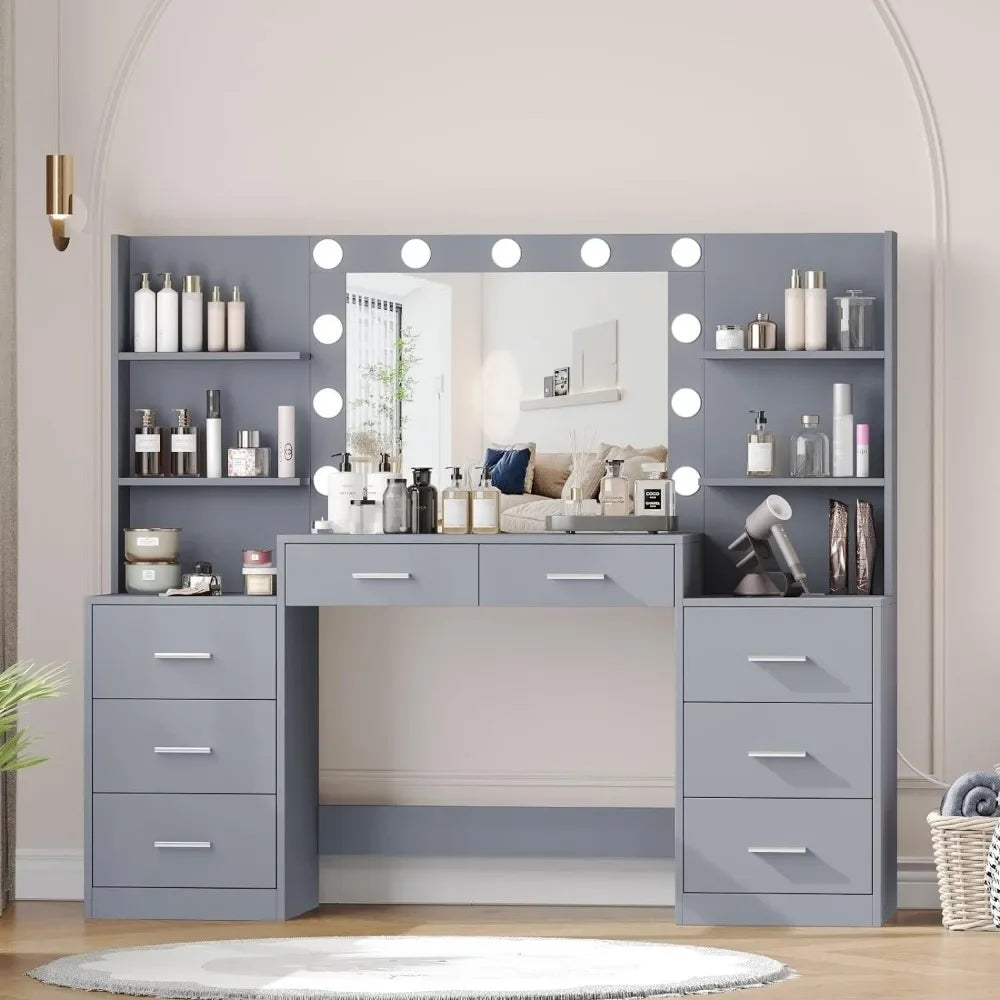 Coiffeuse avec miroir et lumières, avec multiprise, 3 modes d'éclairage, luminosité réglable, grand tiroir et six rangements ouverts