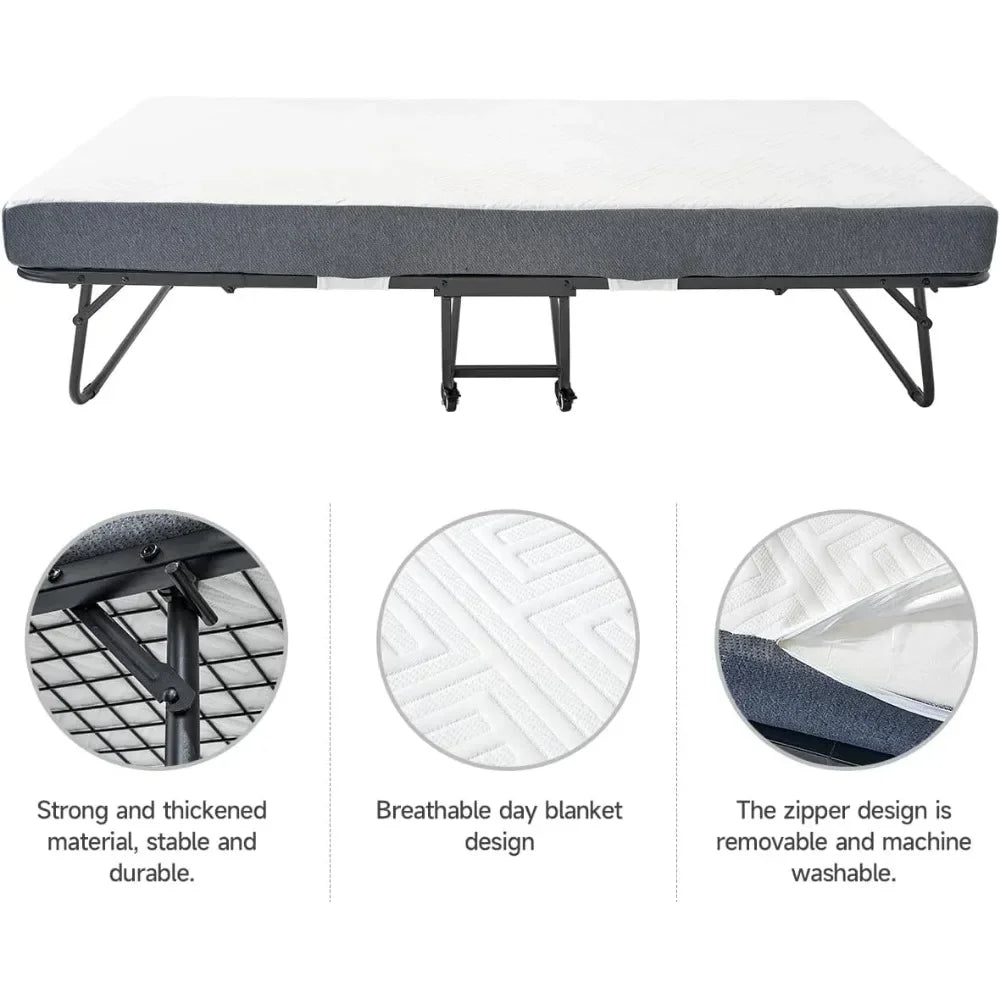 Cama plegable (con colchón de espuma viscoelástica de 5,2" de grosor), 79 x 35 pulgadas, portátil, plegable, para adultos, con colchón para uso de invitados, de metal