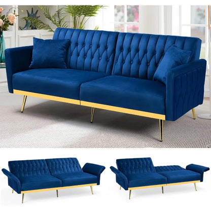 70in Velvet Futon Sofa Bed W/Adjustable Backrests and Armrests, Convertible Futon Couch with Two Pillows, Tufted Sleeper Bed