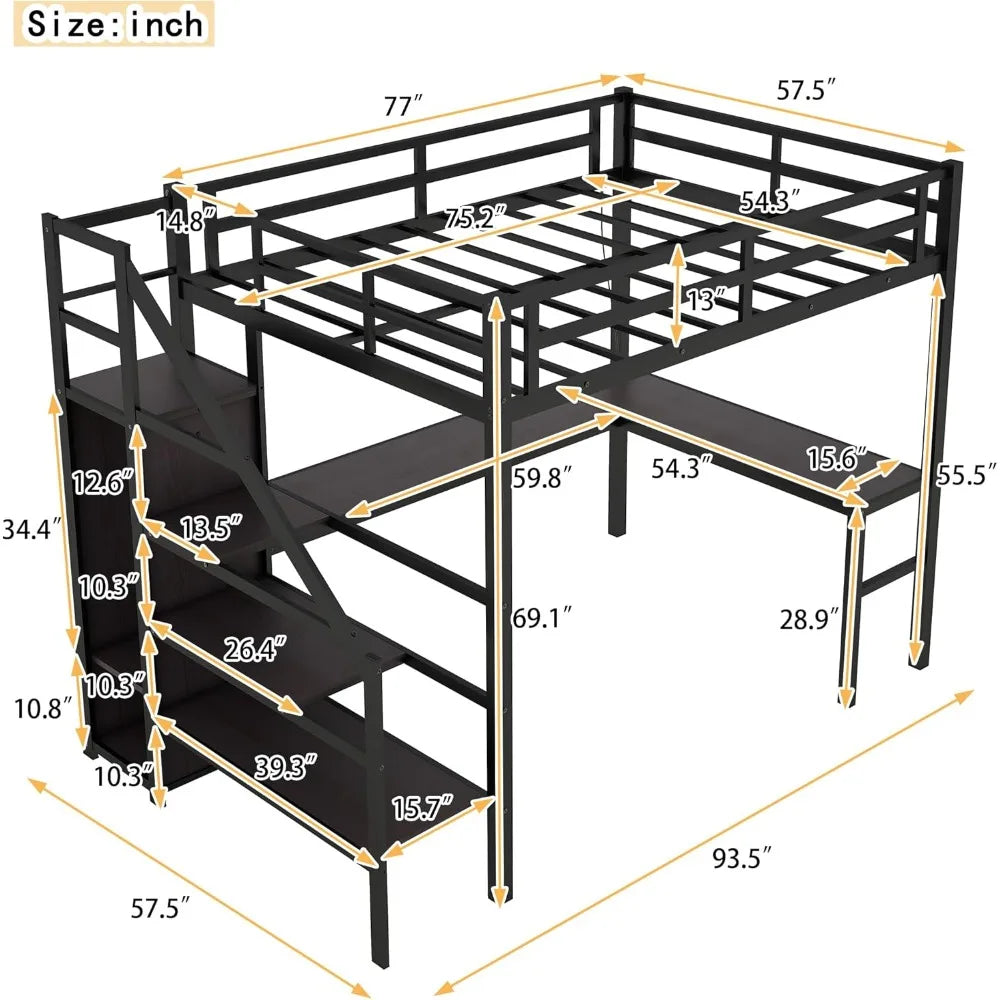 Full Size Loft Bed with Desk,Storage Stairs and Wardrobe,Full Loft Bed with Charging Station(USB Port,Outlets) and RGB LED Light