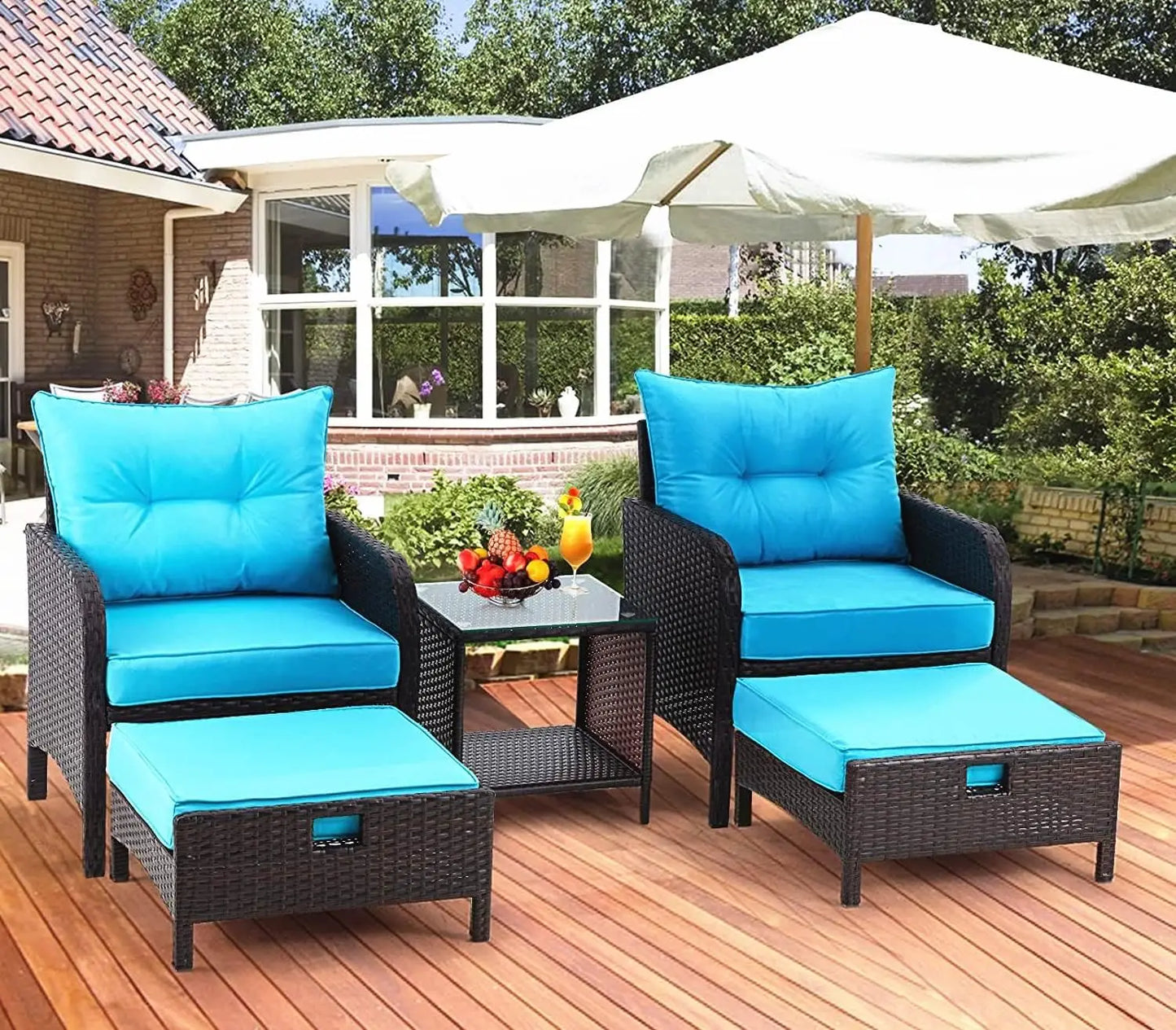 Ensemble de meubles de patio, chaises d'extérieur en rotin avec table basse en verre trempé, poufs et coussins moelleux, ensemble de conversation en osier