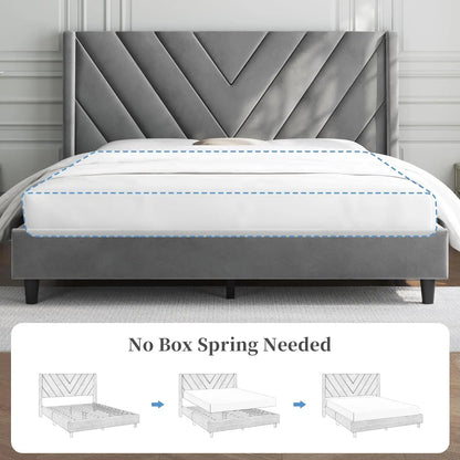 Full Bed Frame Upholstered Platform Bed with Wing Side Tufted Headboard/Sturdy Wooden Slat Support/No Box Spring Needed