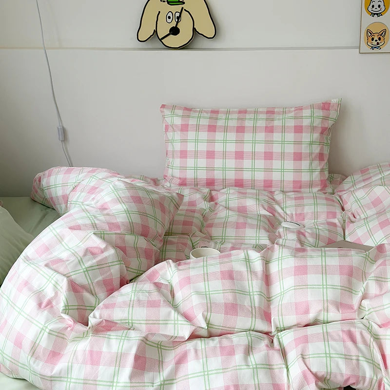 Classic Pink Green Grid Bedding Set Fashion Single Double Bed Linens Cover Quilt Pillowcase for Girl Boy Home Textile