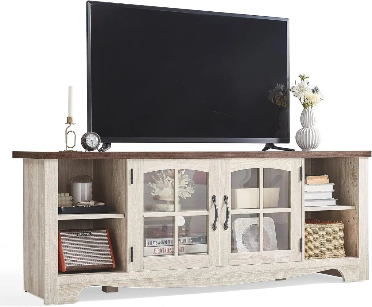 Meuble TV de style ferme LINSY HOME pour téléviseur de 65 pouces, centre de divertissement en bois avec armoire de rangement à porte vitrée et étagères réglables