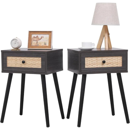 Set of 2 Nightstands, End Side Bedside Table with Storage Drawer and Solid Wood Legs,Bedroom Living Room Furniture