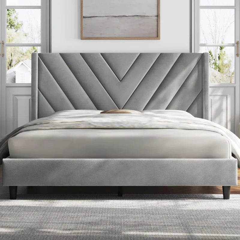 Queen Frame Upholstered Platform Bed /Wooden Slat Support/Tufted Headboard With Wing Side/Mattress F