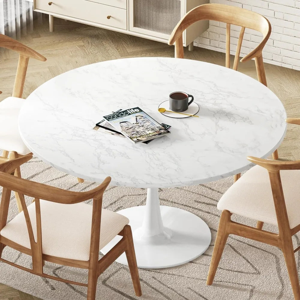 White Marble Round Dining Table, 42.1" Tulip Table Kitchen Dining Table 4-6 People with MDF Table Top & Pedestal Base