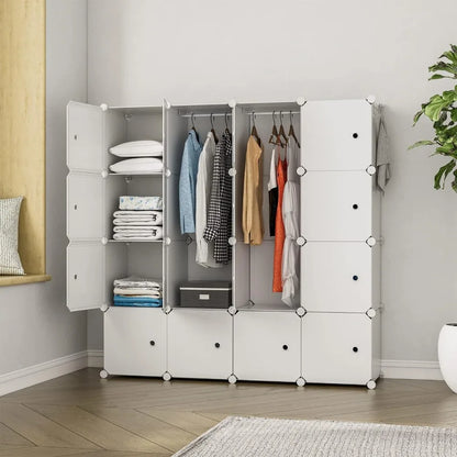 Portable Closet Wardrobe, 16-Cube Clothes Storage Organizer, Bedroom Furniture, White, Bedroom Wardrobe